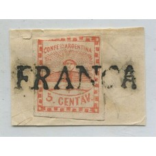 ARGENTINA 1858 GJ 1 CONFEDERACION ESTAMPILLA SOBRE FRAGMENTO CON MATASELLO FRANCA DE GOYA CORRIENTES + 100 %